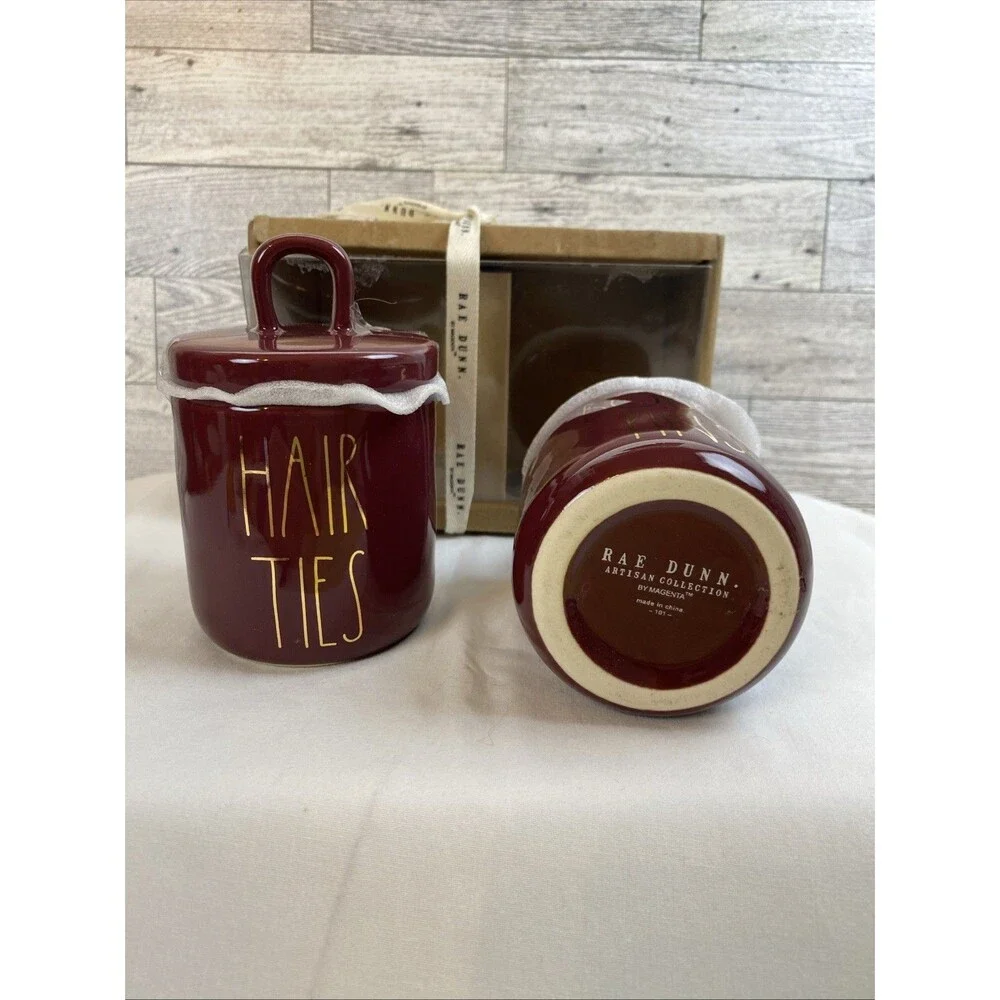 Rae Dunn HAIR TIES and BOBBY PINS 2 Small Ceramic Canisters Looped Lids Burgundy